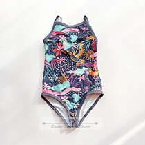 Export Germany 122-140 high girl one-piece swimsuit Tibetan blue bottom flower pattern front full lined adjustable shoulder strap