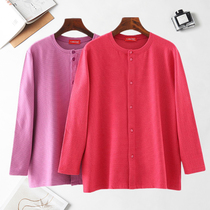 Middle-aged and elderly autumn and winter AB horizontal striped velvet cardigan womens large size loose-to-back top long-sleeved mother autumn clothes