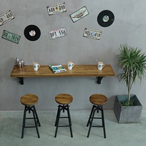 Solid wood shelf table Wall-mounted laminate bar table and chair combination Bar table Milk tea shop wall high foot narrow table