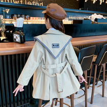 Girls coat Korean version of the childs foreign style of the childs fashionable long casual waist wind coat Spring and Autumn Tide