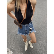 JessXu summer smoke jiao irregular mid-high waist design hollowed out skinny denim shorts