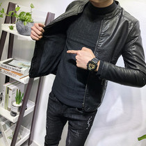 2021 Spring and Autumn Style Collar Plus Velvet Leather Clothes Hong Kong Style Slim Joker Leather Jacket Jacket Men