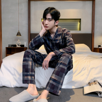 Pajamas mens spring and autumn cotton long sleeve homewear mens mens cotton four seasons autumn winter set checkered