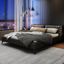 Modern master bedroom wedding bed black leather bed Double modern simple soft bag 1 8 meters light luxury solid wood storage leather bed