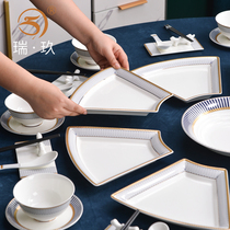 Household 8-person round table bone china tableware set ceramic dish combination gold-edged dish set