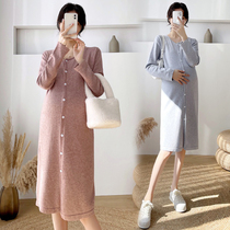 Pregnant women's spring dress long fashion belly covered V-neck bottoming skirt cardigan can nurse pregnant women's spring skirt