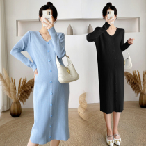 Pregnant women knitted dress spring and autumn V collar base skirt female lazy wind slim autumn winter pregnant women sweater long