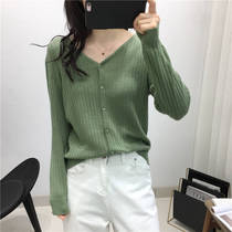  Knitted cardigan womens 2021 new autumn Korean slim slim V-neck top short long-sleeved thin jacket