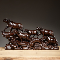 Ebony carved cow ornaments Solid wood animal zodiac five cattle Mahogany home living room entrance decorative crafts