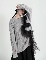 Design sense lazy wind hole sweater women 2021 autumn stitching mesh ruffle twist long sweater