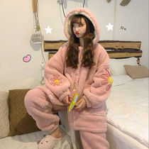 Autumn and winter thickened fluff pink pajamas female Korean version of leisure lazy wind flowers loose home clothes hooded set tide