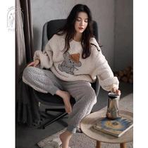 Warm pajamas female winter coral velvet long sleeve cartoon cute warm girl pullover can wear home suit