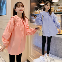 Pregnant womens autumn fashion small fresh simple solid color long sleeve doll collar shirt loose casual top shirt autumn