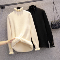 Large size womens 2021 tide women winter New fat sister plus velvet thickened half high collar slim knitted base sweater women