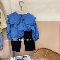 Korean Boy Dress 2022 Spring Dress Girl Suit Big Turns 100 Lap Shirt Baby Childrens Pure Color Foreign Air Blouse