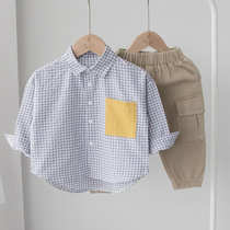 Foreign air small grid boy shirt long sleeve pure cotton baby lining clothes boy spring and autumn slim fit with personality blouses