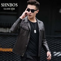 2021 new Haining leather leather jacket mens short motorcycle leather jacket lapel Korean slim fashion jacket