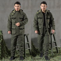 Army green army coat Cotton coat Mens winter thickened medium and long flannel work clothes suit Cotton casual cotton coat