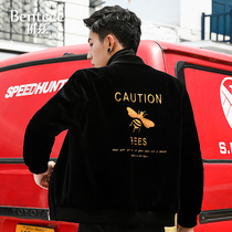 Sheep-cut mens short bee embroidered jacket Tide brand fur one Haining leather fur jacket winter