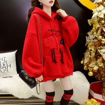 Lamb hooded sweatshirt plus velvet thickened autumn and winter 2021 New pregnant woman foreign style loose long coat top