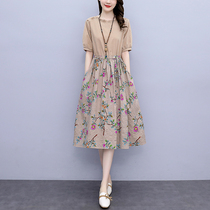 Summer new cotton linen dress 2021 size womens middle-aged summer thin print stitching mommy dress