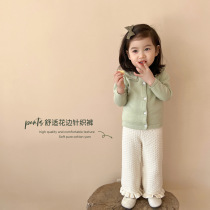 SonnyKids 2022 spring new girl knit long pants cute lace wide leg pants knit 100 lap pants cotton