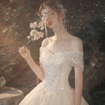  Starry sky main wedding dress 2021 new temperament bride one-shoulder forest French super fairy summer princess go out light veil