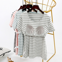 Pajamas women cotton top single piece with chest pad short sleeve summer thin model can wear outside bra-free casual loose home clothes