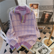 Foreign trade big card cut with purple sweater women 2022 early spring new loose and reduced age design sensation small crowdknit blouse