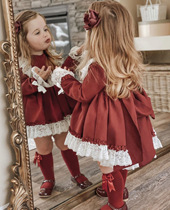 Girls dress autumn and winter wine red baby dress lace edge Lolita princess dress dress three-piece set