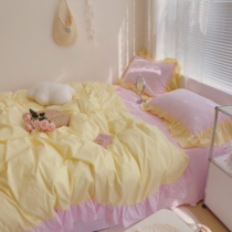 ins cream yellow bump color pure cotton four sets minimalist lotus leaf side macaron quilt cover bed linen with three sets