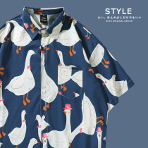 Summer retro fun printed ice silk short-sleeved shirt mens fashion brand high-end street loose ruffian handsome flower shirt