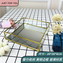 Square light luxury brass glass frame storage box napkin tissue rack jewelry storage tray desktop debris storage