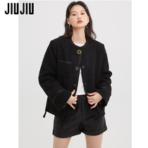 JIUJIU retro black small fragrance jacket womens winter 2022 new high-quality temperament lamb wool top