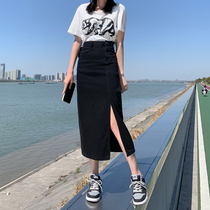 Small irregular black denim skirt womens 2021 new summer high waist thin mid-long side split