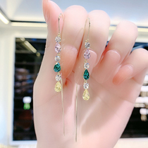 Advanced sense color zircon water drop ear line female Korean temperament fashion long tassel earrings Super Flash Net red ear ornaments