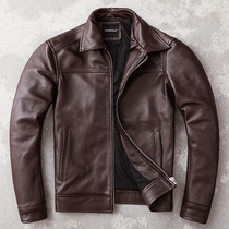 New Head Layer Cow Leather Leather Leather Clothing Mens Body Leather Jacket Casual Deep Brown Business Mens Clothing Flipped Big Code Jacket