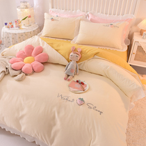 Korean strawberry embroidery four-piece set Cotton Cotton Chiffon lace quilt cover Simple bed skirt sheets Princess style bed sheet