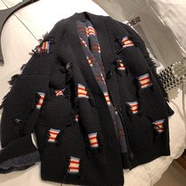 Jacquard Flow Su Cardigan Sweater Woman Spring Autumn 2022 New Small Crowddesign Sensation Collision Color Loose lazy knit jacket