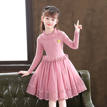 Girls autumn and winter clothes New Years foreign childrens jumpsuit knitted wool sweater long sleeve girl princess dress plus Velvet