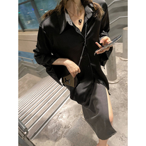  Lazy European and American style long loose acetate black shirt womens pointed collar suit shirt women wear thin tops outside