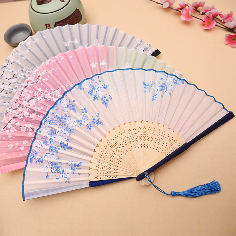 Fan folding fan Chinese style women's antique tassel summer portable classical costume ancient Chinese clothes folding small bamboo fan