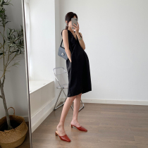 Golden cocoon maternity summer dress loose fashion V-neck sleeveless cocoon trendy mom dress summer temperament small black dress