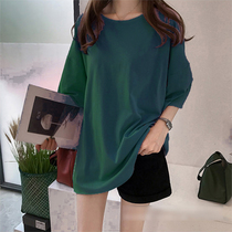 Korean version of summer plus size fat girl 300 catties light and loose solid color T-shirt pure cotton soft mid-length version bottoming short-sleeved dark green
