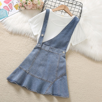 Girls denim slip dress set 2022 new summer fried street dress children short sleeves two-piece skirt