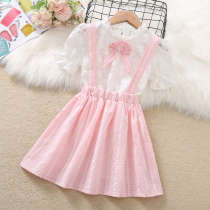 Girls Suit Dress Summer Dress Western Style Lace Short Sleeve little girl Strap dress Summer childrens two-piece set skirt