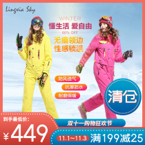 European and American one-piece ski clothes womens veneer double board ski pants set snow village thick warm waterproof and windproof equipment