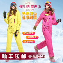 European and American one-piece ski clothes womens veneer double board ski pants set snow village thick warm waterproof and windproof equipment