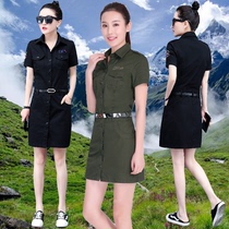 2021 Summer camouflage skirt Sexy army green dress lapel military training womens military uniform short sleeve petticoat bag arm skirt