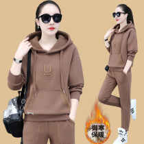 Sports suit womens autumn and winter 2021 new fashion hooded plus velvet sweater loose thick warm casual wear